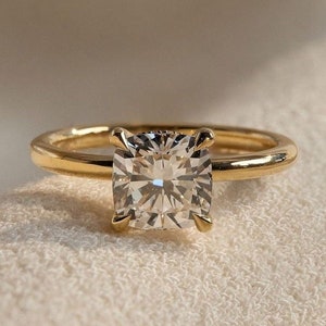 Cushion Cut Lab Grown Diamond Engagement Ring: 14K Gold Hidden Halo Solitaire, IGI Certified