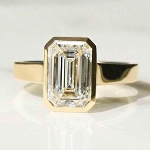 2.00 CT Emerald Cut Lab Grown Diamond Engagement Ring: Bezel Set Solid Gold