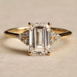 1.50 CT Lab Grown Certified Emerald Cut Diamond Cluster Solitaire Engagement Ring, 14K Solid Gold IGI Certified Emerald Diamond Ring .