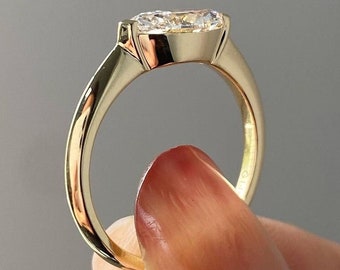 East West Marquise Lab Diamond Engagement Ring, Unique Half Bezel Solitaire, 18K Yellow Gold Wedding Ring .