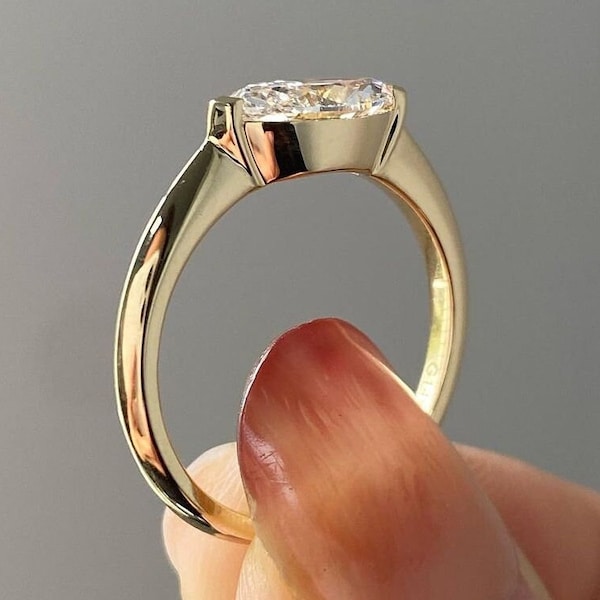 Marquise Lab Diamond Engagement Ring: 18K Yellow Gold Half Bezel Solitaire