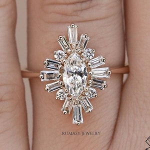 1.5 CT Marquise Lab Grown Diamond Ring: 14K Gold Starburst Halo