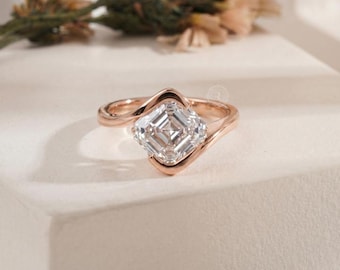 1.5 CT Asscher Cut Lab Diamond Engagement Ring: Unique Solitaire CVD Ring