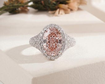 3 Ct Fancy Vivid Pink Oval Lab Grown Diamond Engagement Ring, 14K