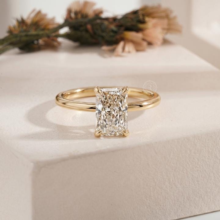 2 CT Radiant Cut Lab Grown Diamond Hidden Halo 14K Gold Engagement Ring ...