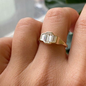 1.6 CT Emerald Cut Lab Grown Diamond ring/ Emerald Cut and Trapezoid Lab Grown Diamond Engagement Ring/ Three stone Diamond Engagement image 2