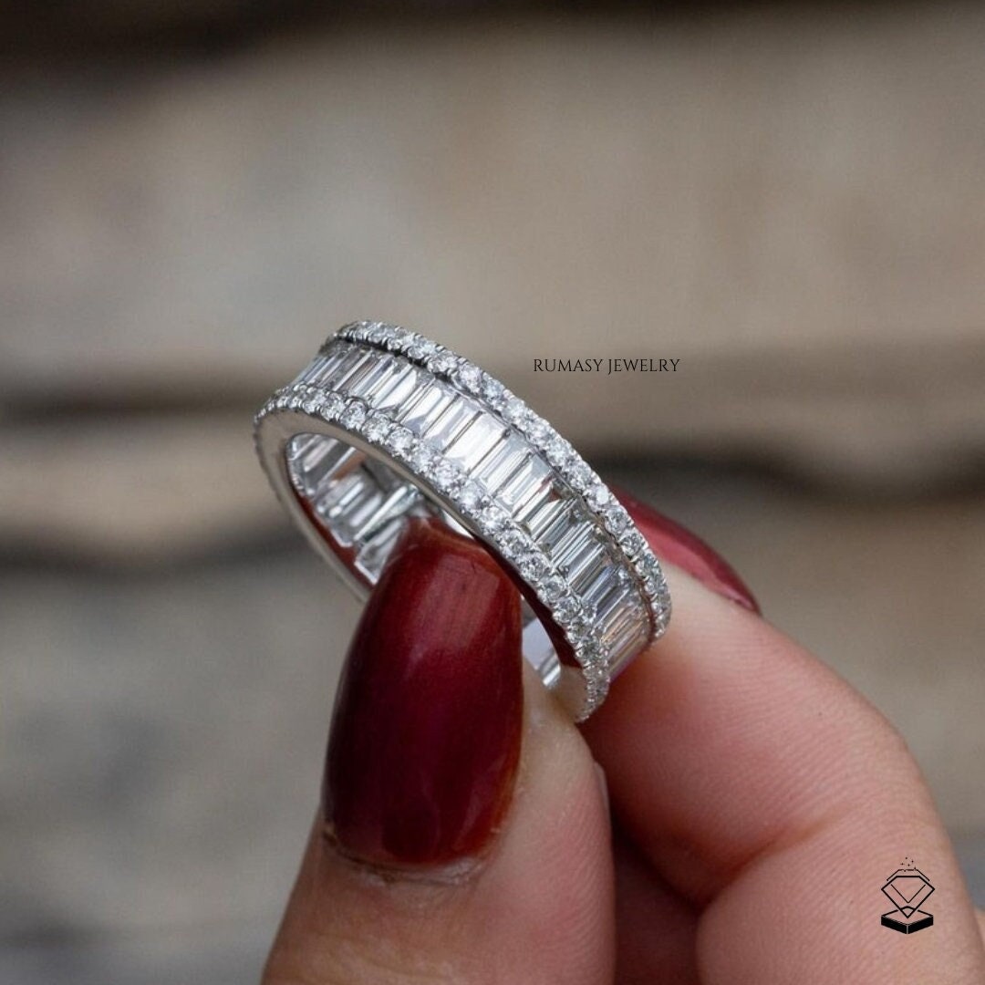Art Deco Lab Diamond Eternity Band: 14K Gold Round & Baguette Wedding ...