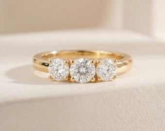 Lab Grown Diamond Three Stone Ring, 18K Rose Gold Anniversary Gift