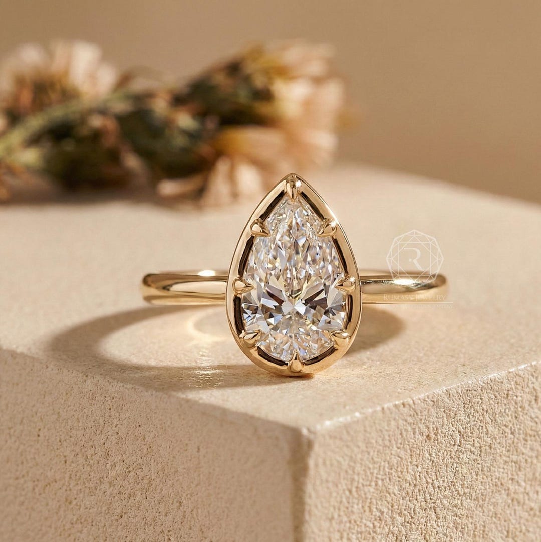 Pear Lab Grown Diamond Ring, Bezel Prong Yellow Gold Engagement Ring - Etsy