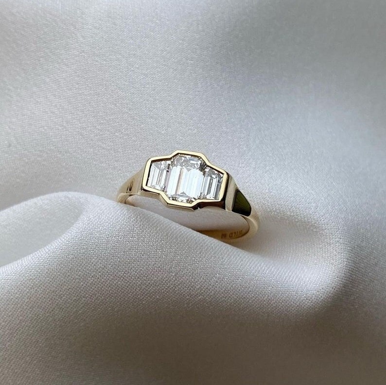 1.6 CT Emerald Cut Lab Grown Diamond ring/ Emerald Cut and Trapezoid Lab Grown Diamond Engagement Ring/ Three stone Diamond Engagement image 1