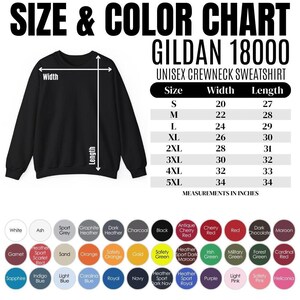 the size and color chart for a sweatshirt