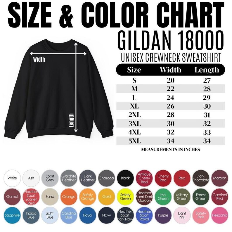 the size and color chart for a sweatshirt