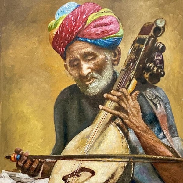 Large amazing original art Painting of musician old man with Sarangi - Portrait paintings for concert wall hangings street art Housewarming