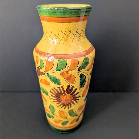 ヴィンテージ ハンドペイント イタリア製陶器花瓶 10インチ グリーン