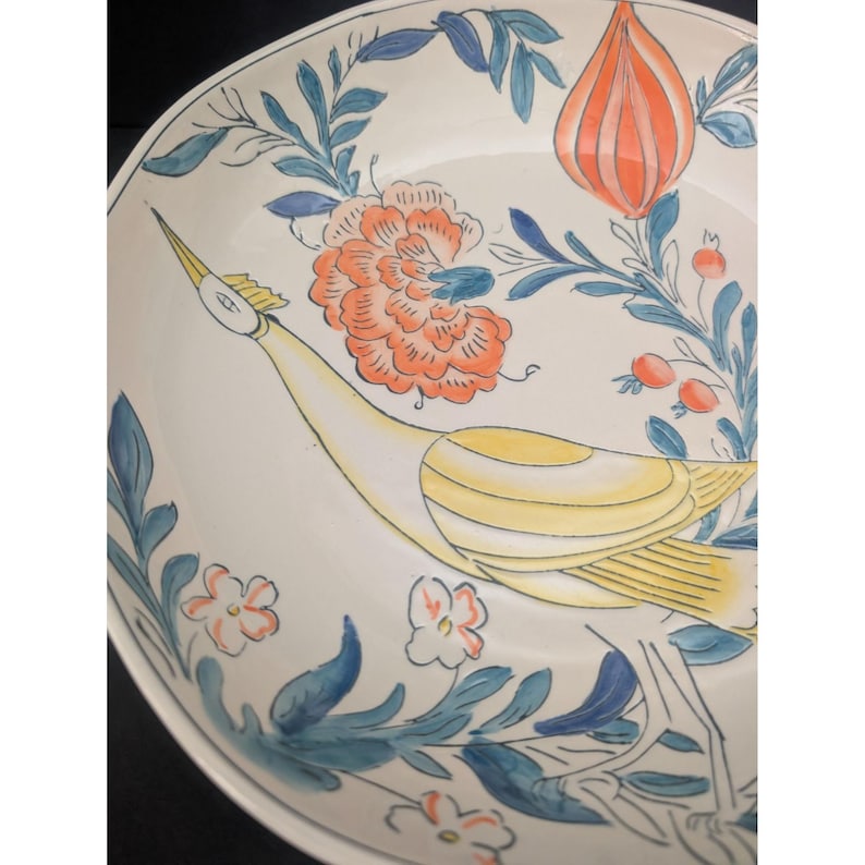 Molly Hatch for Anthropologie Large Yellow Bird Bowl Blue & Orange Flowers Retired image 2