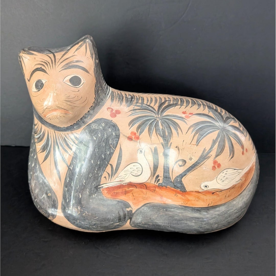 【Tonala Pottery】メキシコ　トナラ焼　猫　オブジェ　置物 Vintage Large Cat Tonala Mexican Pottery Hand Painted Folk Art - Etsy