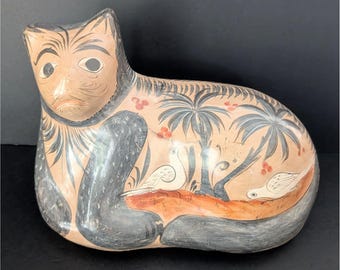 Vintage Large Cat Tonala Mexican Pottery Hand Painted Folk Art