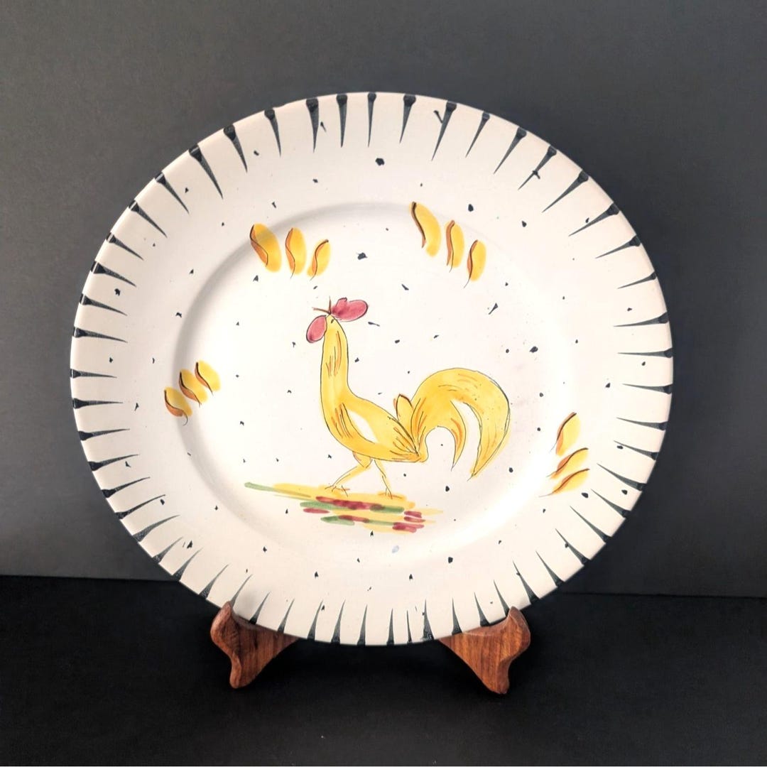 Vtg Mid Century Rooster Hand Painted Ceramic Plate Made in Italy Yellow ...