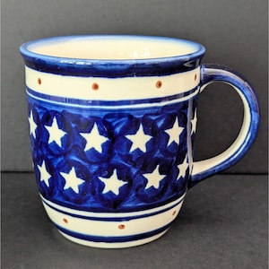 Handmade Boleslawiec Polish Pottery Mug 7.6oz Star Pattern Blue & White Ceramic