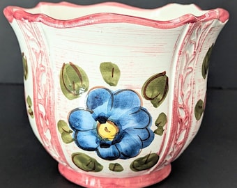 Fioriera in ceramica vintage realizzata in Italia, fiori rosa blu, 4,75 x 6,25 pollici