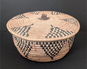 Vintage Zulu Handwoven Basket With Lid African Folk Art