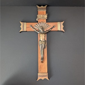 Vintage Wooden Wall Cross Crucifix With Brass Jesus Figure  *READ*