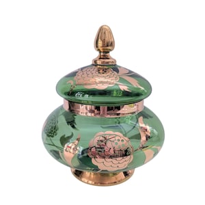Vintage Mid Century Green Glass Apothecary Jar with Lid Gold Floral Design