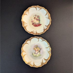 2 Vtg T&V France Hand Painted Porcelain Plates Gold Trim Ladies Portraits
