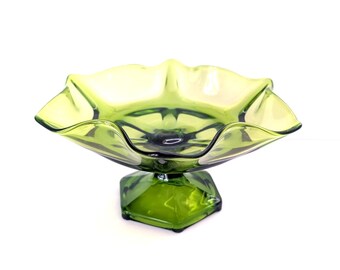 Compota de cristal verde con pedestal Viking Epic #7311 de mediados de siglo