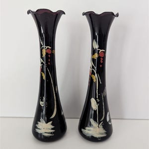 Set Of 2 Vintage Hand Painted Black Amethyst Glass Vases 7.75&quot;