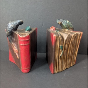 Antique Kronheim and Oldenbush Parrots on Books Metal Hand Painted Bookends