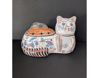 ヴィンテージ 手描き陶器 猫とネズミ 蓋付きポプリ皿 ポルトガル製