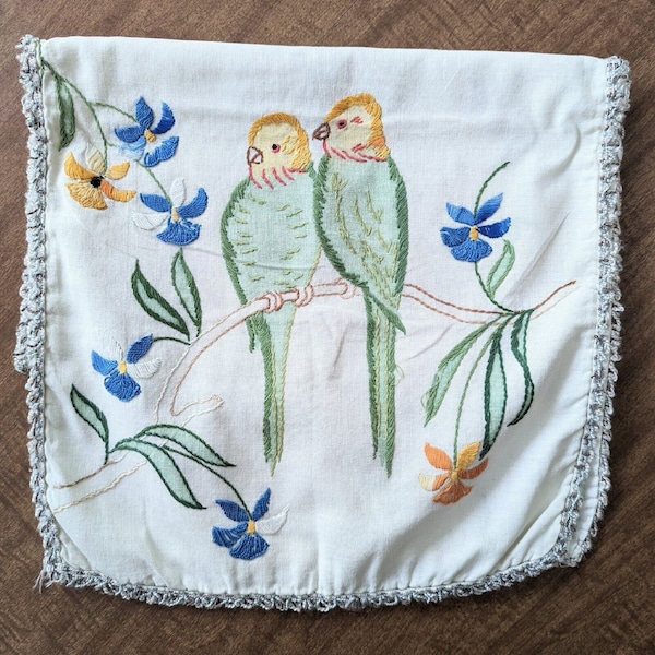 Vintage Handmade Embroidered Table Runner Dresser Scarf Parakeets Parrots Birds