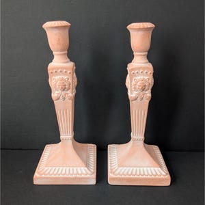 Pair Of Vintage Terra Cotta Candle Holders With Embossed Lion Unglazed Finish