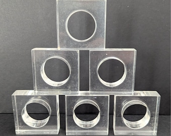 Set Of 6 Clear Square Acrylic Napkin Rings Vintage Lucite