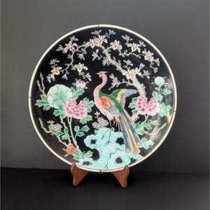 Vintage Asian Decorative Wall Plate With Bird and Flowers Chinoiserie 14.5&quot; Wide