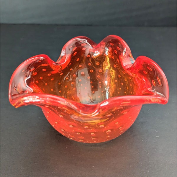 Vintage Murano Art Glass Red Amberina Bowl Ashtray Bullicante Controlled Bubbles