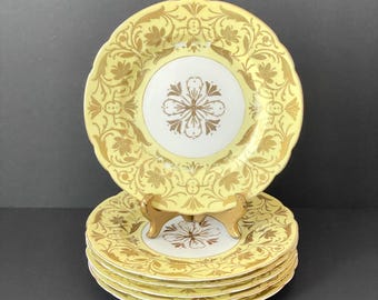 Ovington Bros Austria Antique Yellow & Gold Porcelain Plates Set Of 6 *READ*