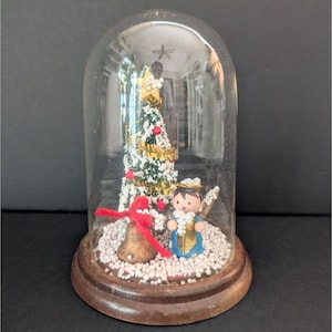 Vintage Christmas Assemblage Glass Globe Cloche 6&quot; H Wooden Base Tree Angel Bell