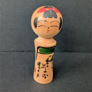 Vintage Japanese Kokeshi Doll With Floral Design & Calligraphy