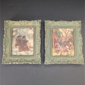 Set of 2 Vtg Ornate Green Framed Ship & Knight on Horse Wall Plaques Bas Relief