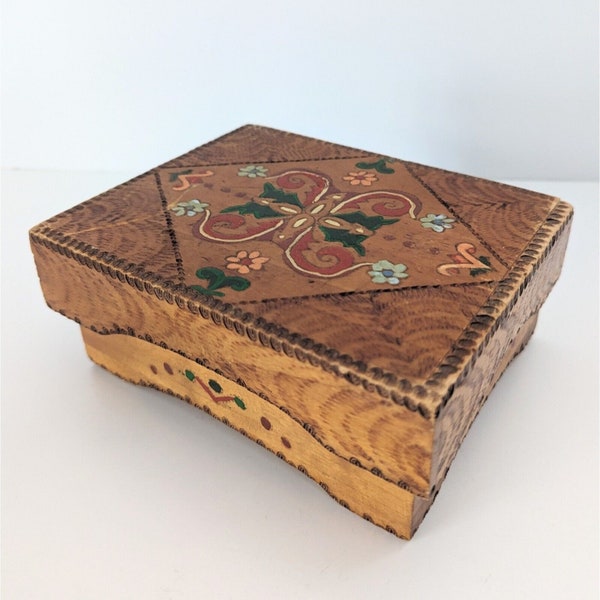 Vintage Handmade Hand Painted Folk Art European Wood Jewelry Trinket Box