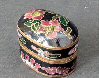 VTG miniatuur cloisonné scharnierend snuisterijdoosje bloemdessin blauw geëmailleerd interieur
