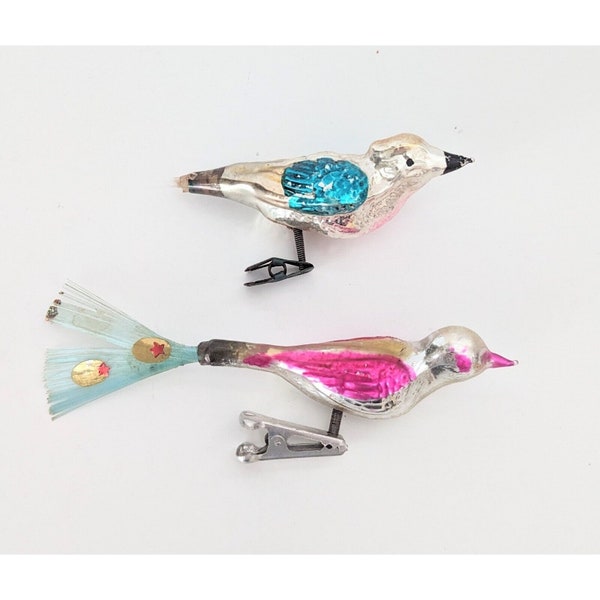 2 Vtg Mercury Glass Clip On Bird Christmas Ornament Spun Tail Silver Pink Blue