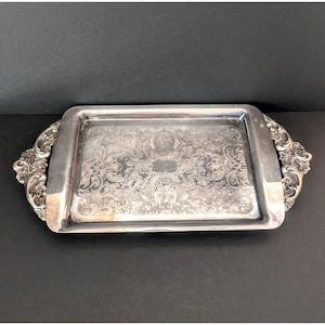 Lunt versilbertes rechteckiges Serviertablett mit Füßen, Jugendstil, florale Griffe, Vintage