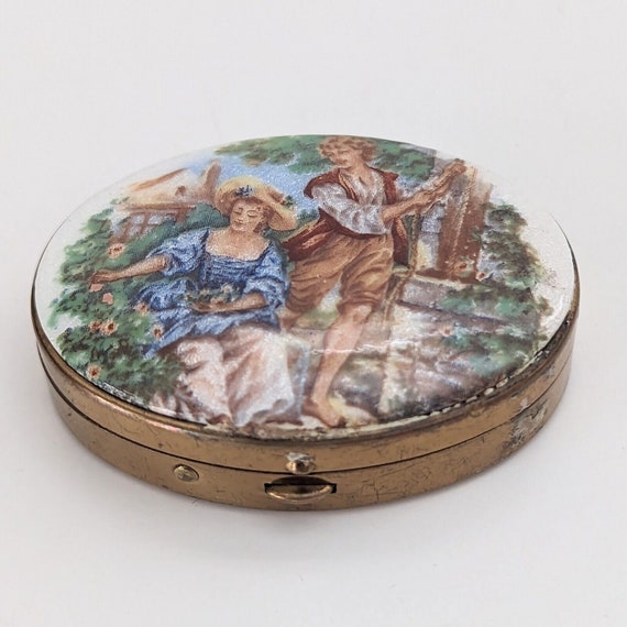 Vintage Brass Pill Box Ceramic Top Courting Scene - image 1