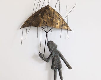 VTG Bijan J. Bijan MCM Metal Wall Sculpture Girl with Umbrella in Rain *READ*