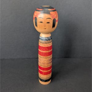 Vintage Japanese Kokeshi Wooden Doll Hand-Painted Red & Black Stripes 7&quot; Tall