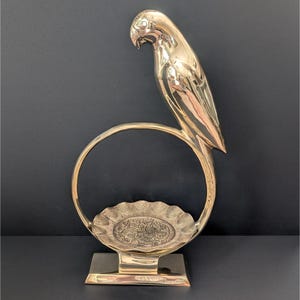 Mid Century Brass Parrot on Ring with Tray Dolbi Cashier Style Hollywood Regency