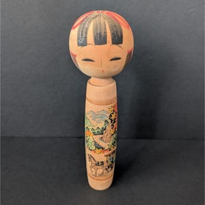 Vintage Japanese Kokeshi Doll With Scenic Hand-Painted Design